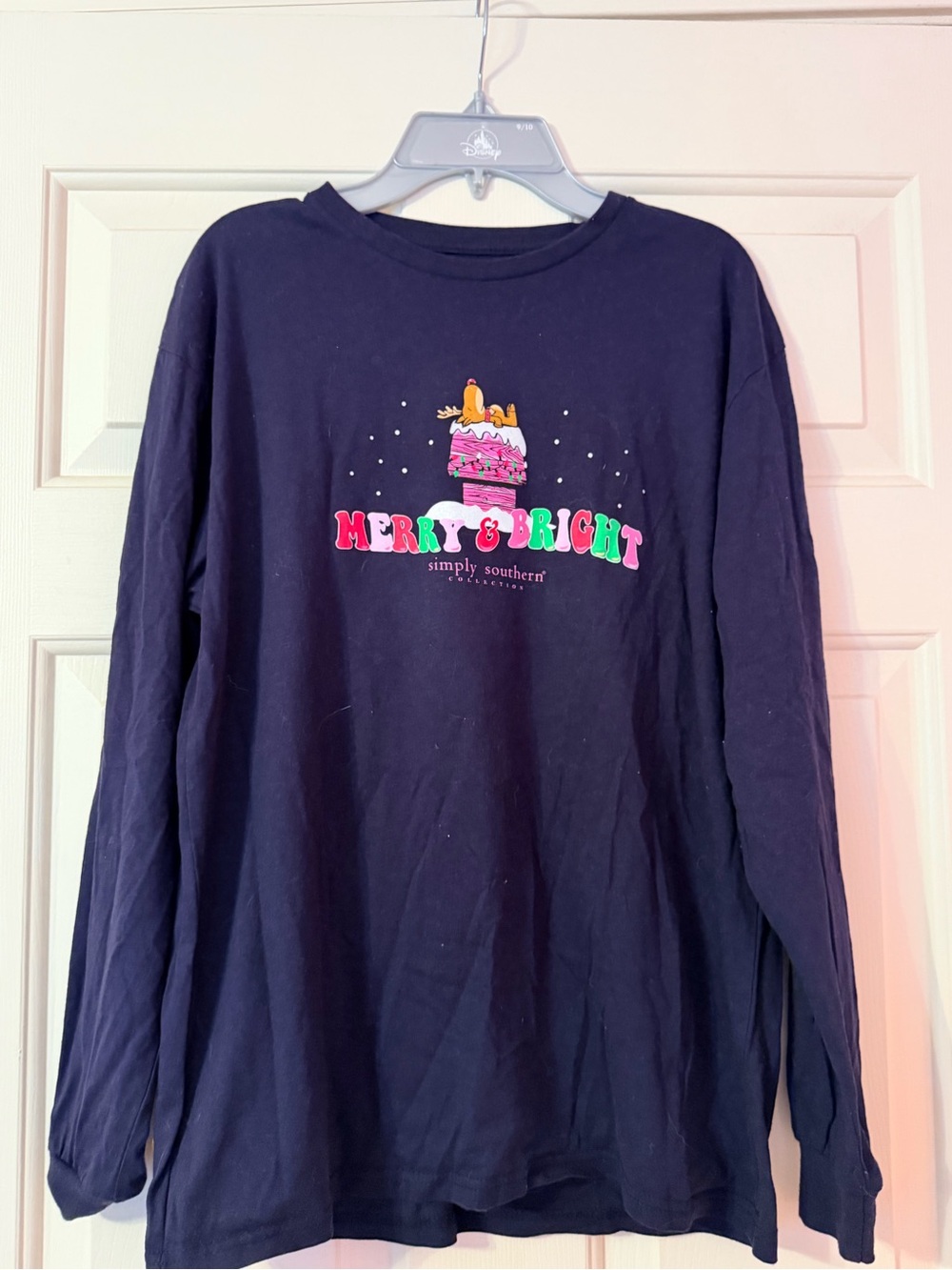 WomanSimply Southern Navy Long-Sleeve Tee with Colorful "Merry & Bright" Graphic